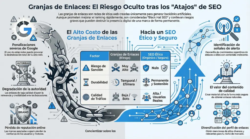 Infografía sobre granjas de enlaces, riesgos de penalización y comparativa con SEO ético.