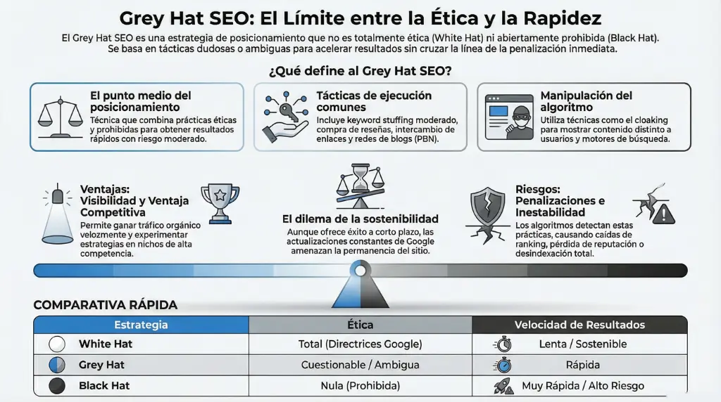 nfografía sobre Grey Hat SEO que compara White Hat, Grey Hat y Black Hat, mostrando riesgos, tácticas y velocidad de resultados