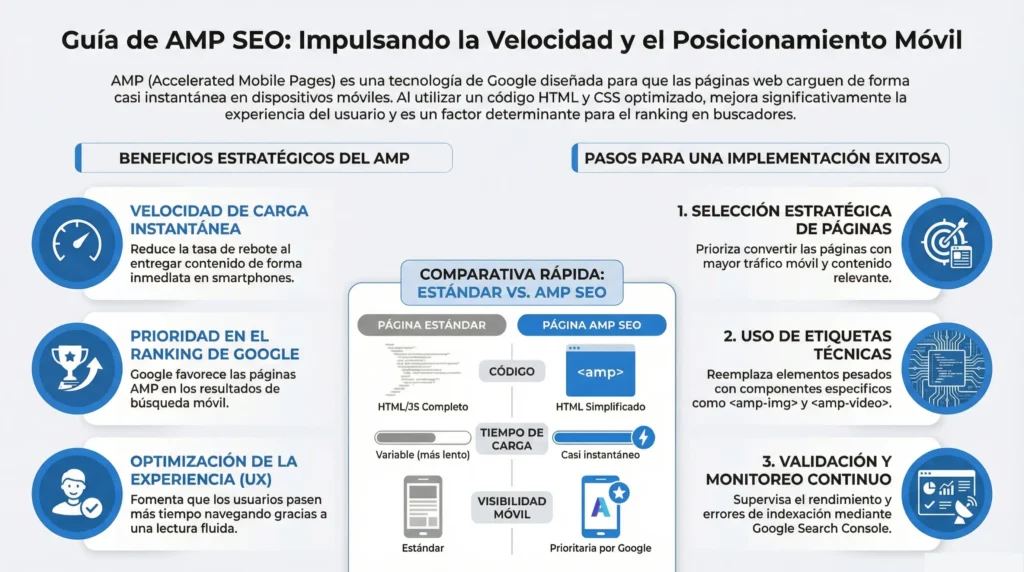 Infografía sobre AMP SEO y su impacto en velocidad y posicionamiento móvil.