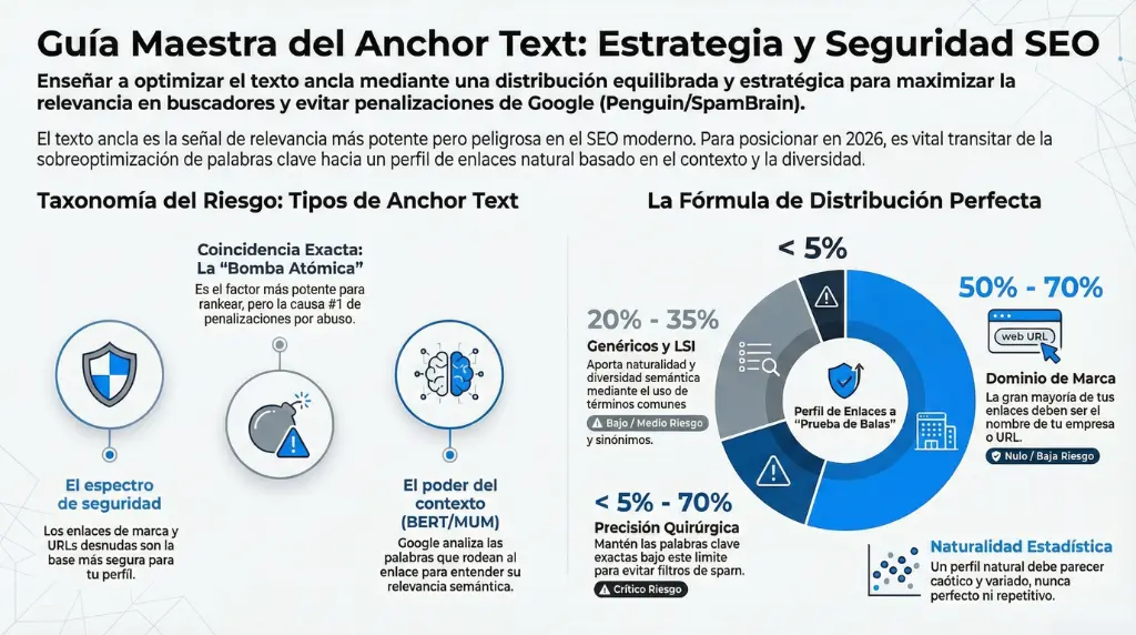 Infografía sobre la estrategia de anchor text, distribución segura de enlaces, riesgos de sobreoptimización y cómo evitar penalizaciones de Google Penguin y SpamBrain.
