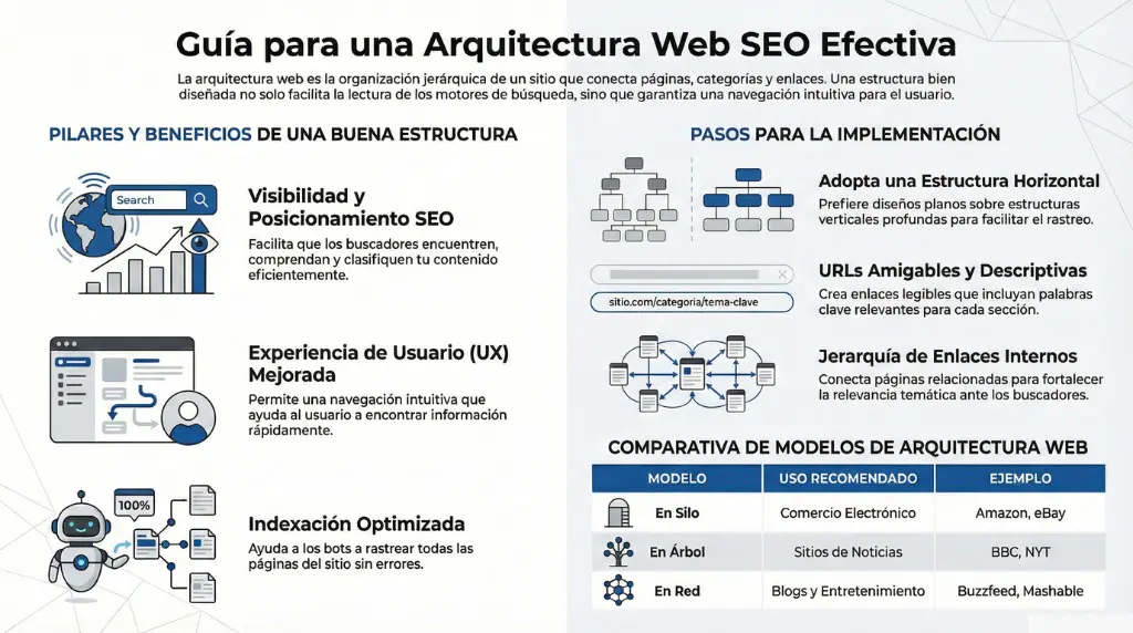 Infografía que explica cómo construir una arquitectura web SEO efectiva, mostrando beneficios, estructura horizontal, URLs amigables, enlaces internos y modelos como silo, árbol y red.