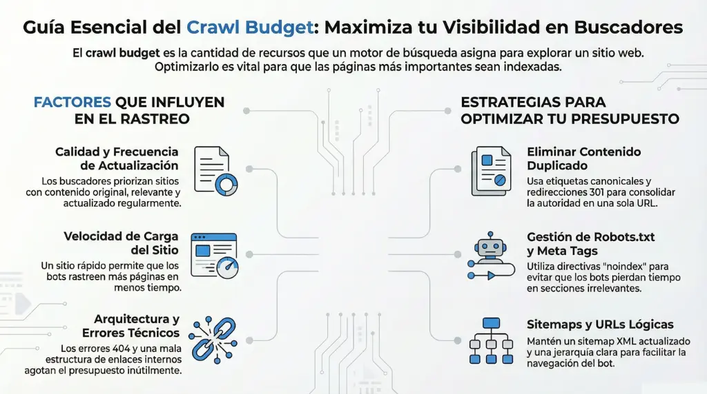Infografía que explica el crawl budget, los factores que afectan el rastreo como la velocidad, contenido y arquitectura, y las estrategias para optimizar el presupuesto de rastreo en SEO.