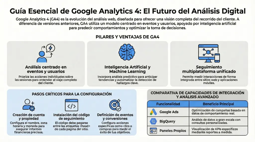 Infografía que explica Google Analytics 4, sus pilares como análisis por eventos, inteligencia artificial y seguimiento multiplataforma, además de los pasos de configuración e integraciones con Google Ads, BigQuery y paneles personalizados.
