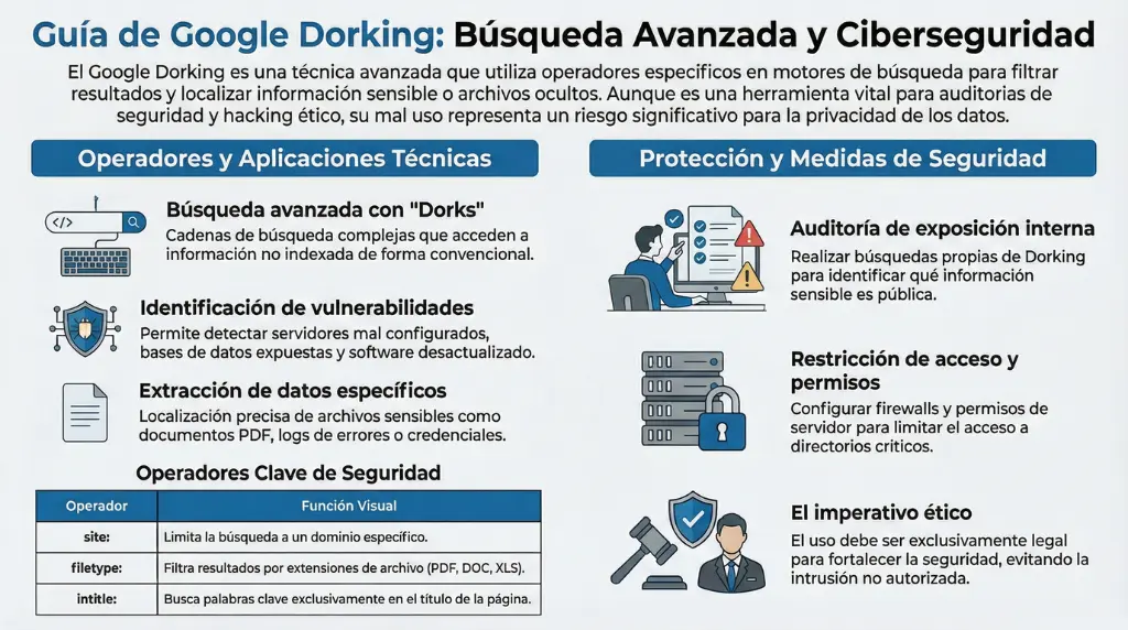 Infografía sobre Google Dorking con operadores avanzados y medidas de ciberseguridad.