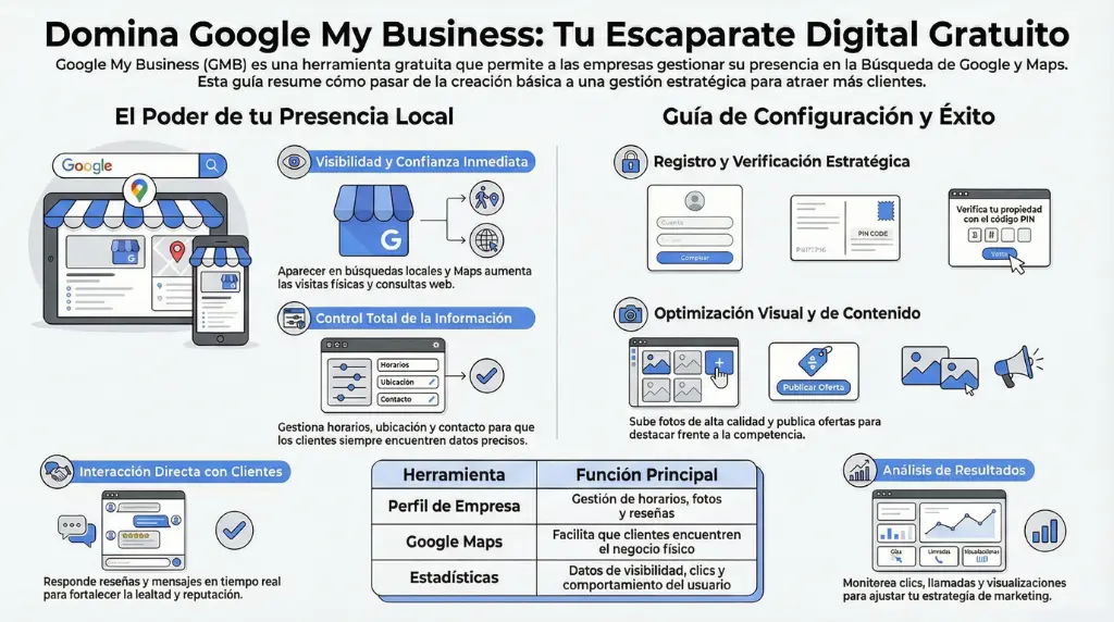 Infografía que explica cómo configurar y optimizar Google My Business para mejorar la visibilidad local, gestionar reseñas, publicar contenido y analizar resultados.