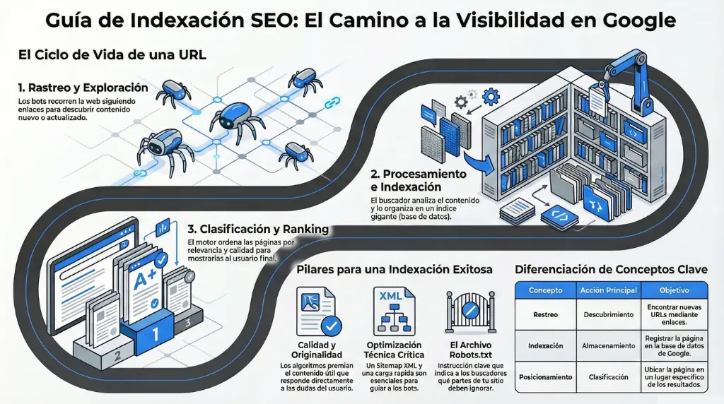 Infografía que explica el ciclo de vida de una URL en SEO, incluyendo rastreo, indexación y ranking, así como los pilares técnicos para lograr una indexación exitosa en Google.