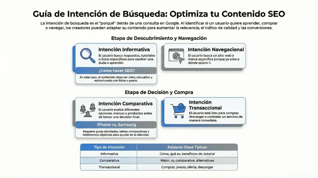 Infografía que explica los cuatro tipos de intención de búsqueda (informativa, navegacional, comparativa y transaccional) y cómo adaptar el contenido SEO según cada etapa del proceso de decisión.