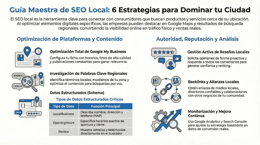 Infografía que explica una guía maestra de SEO local con seis estrategias clave para dominar una ciudad, incluyendo optimización de Google My Business, palabras clave regionales, datos estructurados, gestión de reseñas, backlinks locales y análisis continuo.