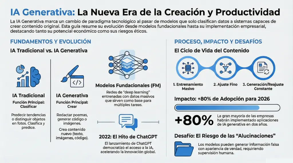 Infografía que explica la evolución de la IA tradicional a la IA generativa, los modelos fundacionales, el impacto de ChatGPT, el ciclo de vida del contenido generativo y los riesgos como las alucinaciones.