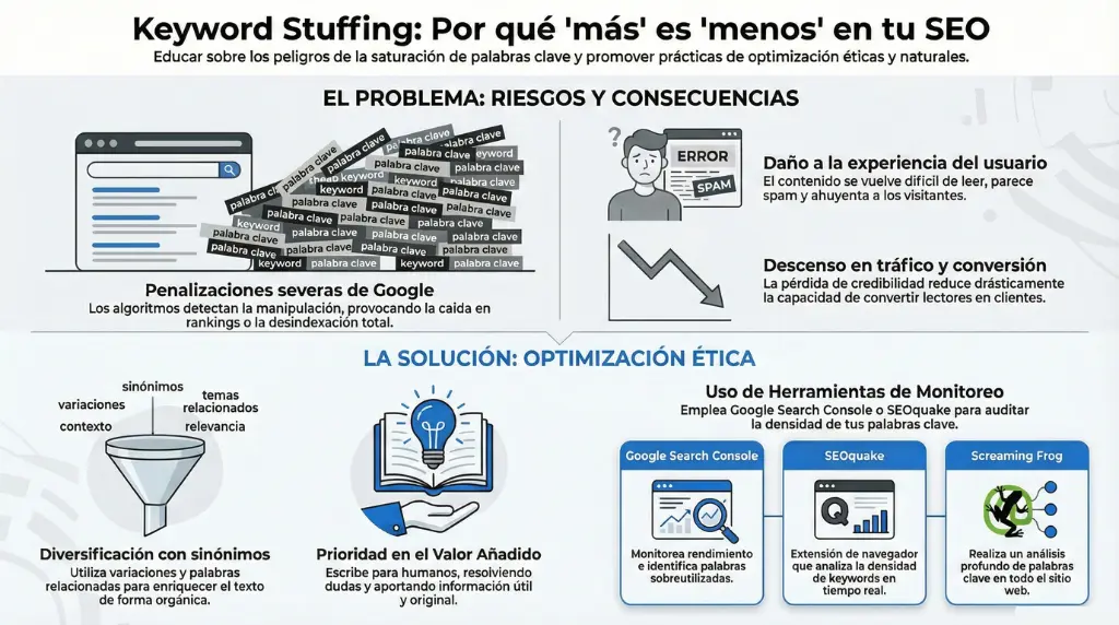 Infografía que explica qué es el keyword stuffing, sus penalizaciones en Google, el impacto en la experiencia del usuario y las mejores prácticas de optimización ética usando sinónimos, valor añadido y herramientas SEO.