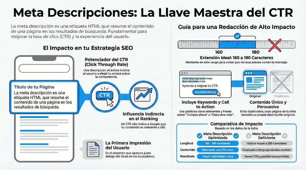 Infografía que explica qué es una meta descripción, su impacto en el CTR, la longitud ideal, el uso de palabras clave y llamados a la acción para mejorar los resultados en buscadores.