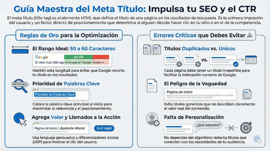 Infografía que explica las reglas de optimización del meta título, incluyendo longitud ideal, uso de palabras clave, llamados a la acción y errores comunes como títulos duplicados o genéricos.