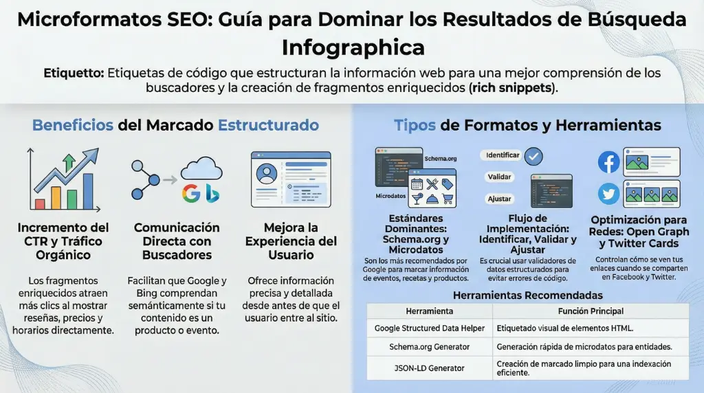 Infografía que explica los microformatos SEO, los beneficios del marcado estructurado, los estándares como Schema.org y el proceso de implementación para obtener rich snippets.