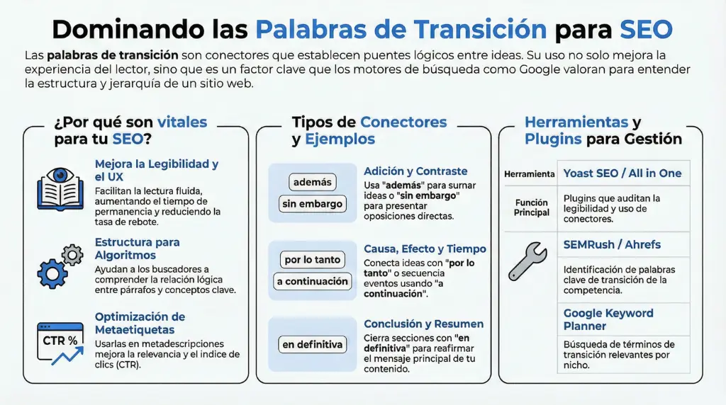 Infografía educativa sobre palabras de transición para SEO, mostrando beneficios en legibilidad y UX, tipos de conectores como además, sin embargo y por lo tanto, y herramientas como Yoast, SEMrush y Ahrefs para optimizar la estructura del contenido.