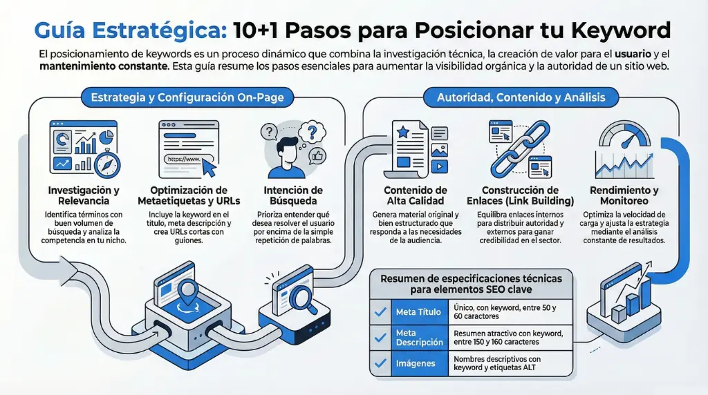Infografía que muestra los pasos estratégicos para posicionar una keyword en SEO, incluyendo investigación, optimización on-page, contenido de calidad, link building y monitoreo.