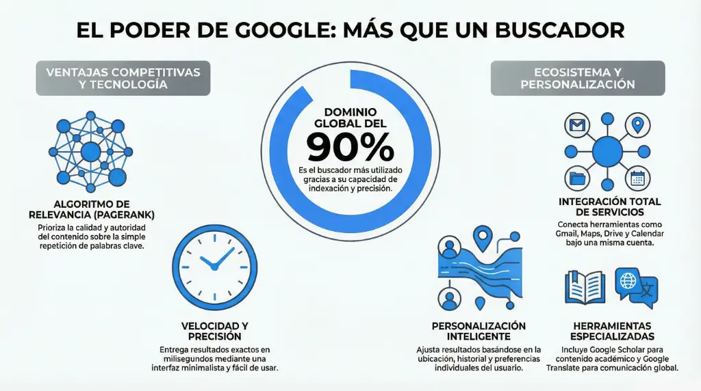 Infografía que explica el poder de Google como buscador, mostrando su dominio global del 90%, ventajas tecnológicas, algoritmo de relevancia, velocidad, integración de servicios y personalización inteligente.