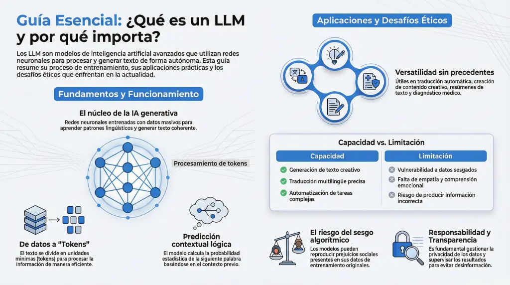 Infografía educativa que explica qué es un LLM, cómo procesa tokens, cómo predice texto, sus aplicaciones en traducción y generación de contenido, y los riesgos éticos como sesgos y desinformación.