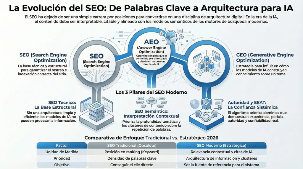 Infografia evolucion del SEO hacia arquitectura para IA incluyendo AEO GEO y SEO semantico