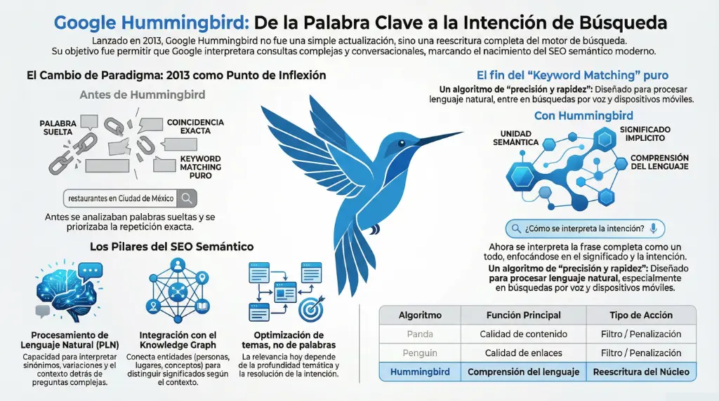 Infografia Google Hummingbird explicando paso de keyword matching a intencion de busqueda y SEO semantico
