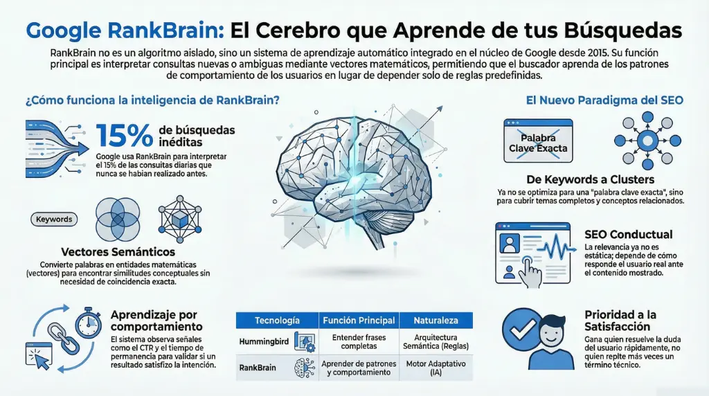 Infografia Google RankBrain explicando aprendizaje automatico, vectores semanticos y SEO conductual