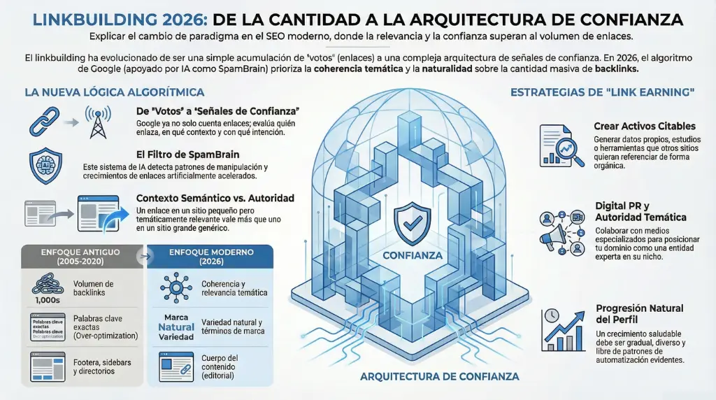 Infografia linkbuilding 2026 mostrando arquitectura de confianza coherencia tematica y spambrain