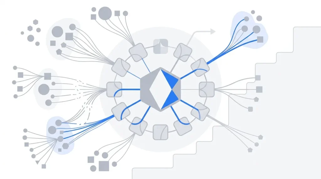 Diagrama de linkbuilding mostrando red de enlaces y señales de confianza alrededor de un nodo central
