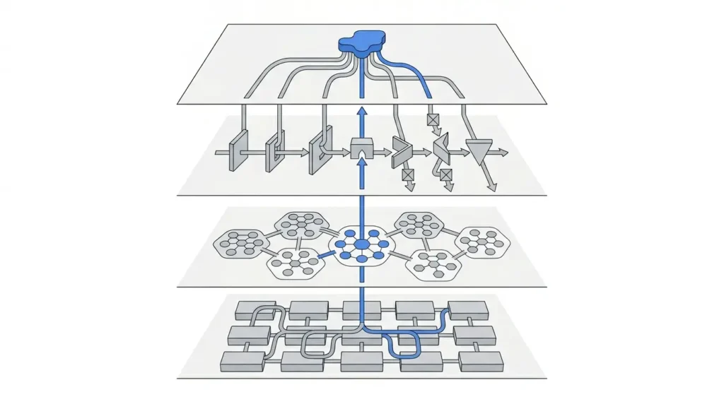 Diagrama de arquitectura SEO mostrando flujo desde consulta hasta red semantica y resultados