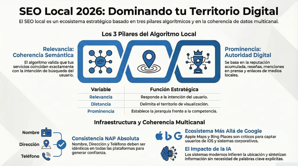 Infografia SEO local 2026 mostrando relevancia distancia prominencia y consistencia NAP