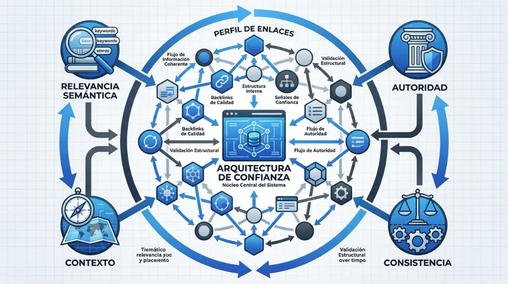 Diagrama de arquitectura SEO que muestra relación entre relevancia semántica, autoridad, contexto y consistencia mediante enlaces