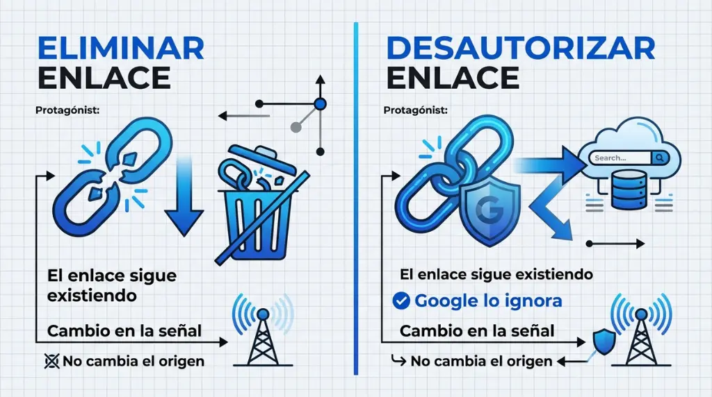Comparativa entre eliminar enlace y desautorizar enlace donde Google ignora el backlink sin borrarlo