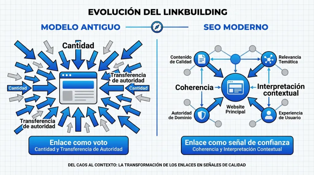 Comparativa de linkbuilding antiguo basado en cantidad vs SEO moderno basado en coherencia y confianza contextual