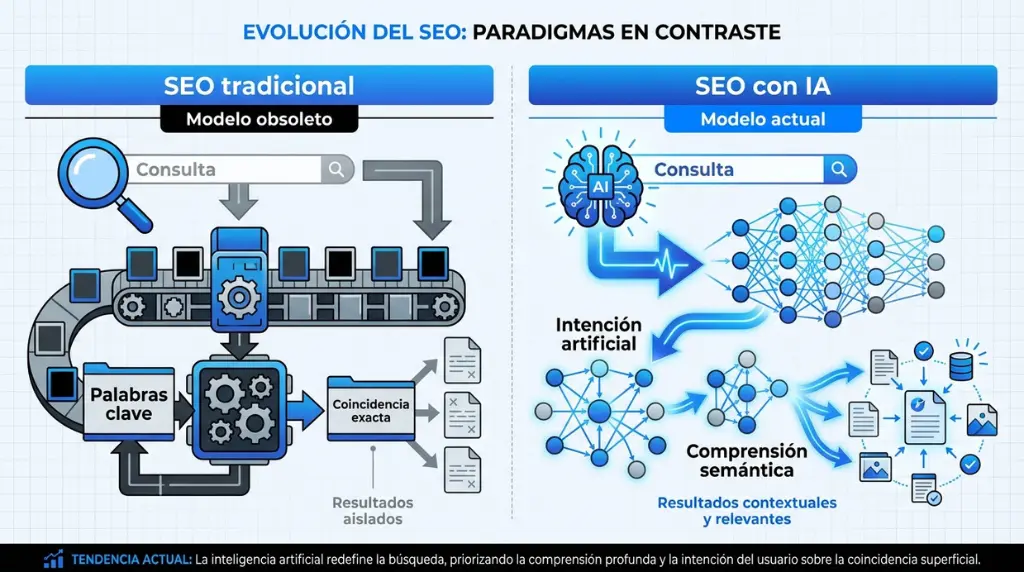 Comparativa entre SEO tradicional basado en palabras clave y SEO con IA basado en intencion y comprension semantica