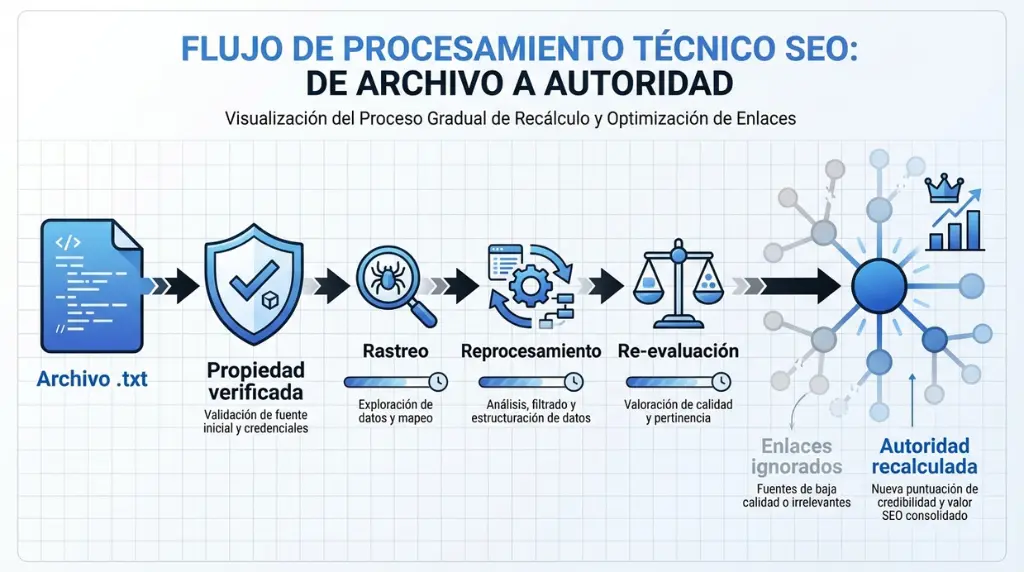 Flujo SEO desde archivo disavow hasta recalculo de autoridad tras rastreo y reevaluacion de enlaces