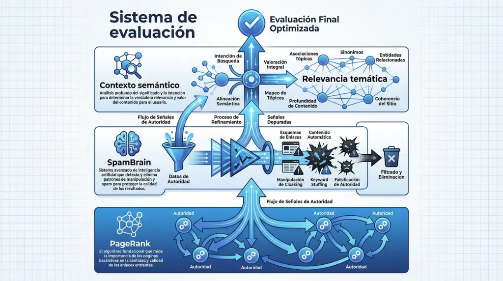 Diagrama de sistema SEO con contexto semántico, SpamBrain y PageRank evaluando relevancia y filtrando spam