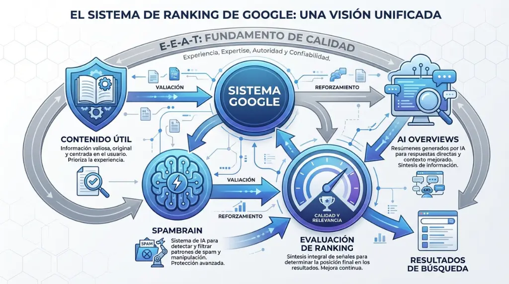 Diagrama del sistema de ranking de Google con eeat spambrain ai overviews y evaluacion de calidad y relevancia