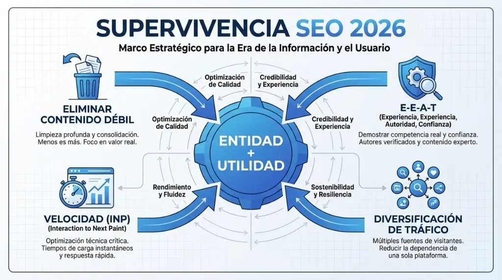 Modelo SEO 2026 con entidad utilidad eeat velocidad inp y diversificacion de trafico