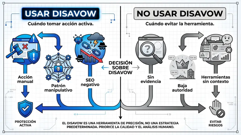 Infografia sobre cuando usar disavow links y cuando evitarlo segun señales de spam o falta de evidencia