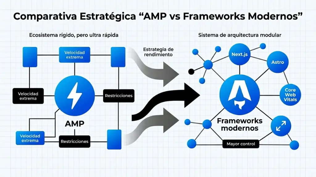 Comparativa entre AMP y frameworks modernos como Next.js y Astro para rendimiento web