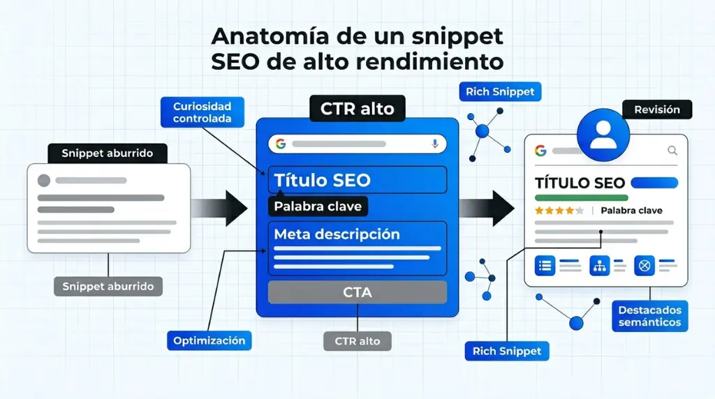 Anatomía de un snippet SEO efectivo Diagrama sobre la estructura de un snippet SEO optimizado para aumentar el CTR y rich snippets