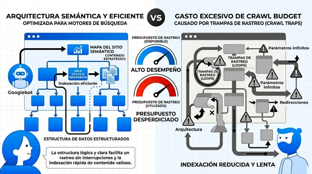 Arquitectura SEO eficiente vs crawl traps Comparativa entre arquitectura SEO eficiente y desperdicio de crawl budget por crawl traps