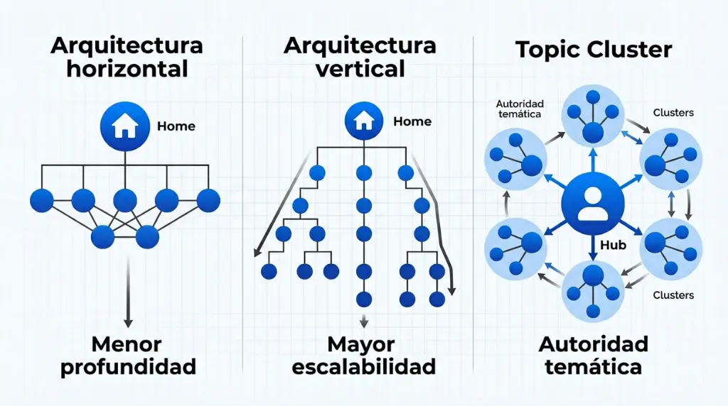 Comparativa entre arquitectura SEO horizontal, vertical y modelo topic cluster para autoridad temática