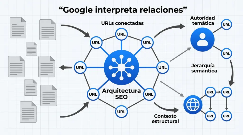 Diagrama de arquitectura SEO con URLs conectadas, jerarquía semántica y autoridad temática