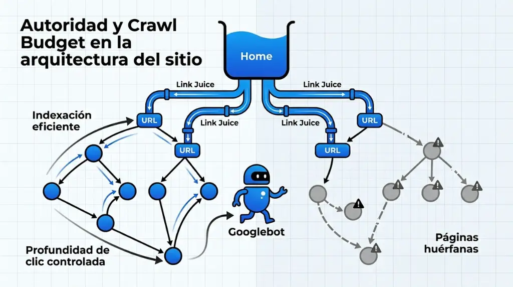 Diagrama de autoridad SEO y crawl budget con distribución de link juice e indexación eficiente