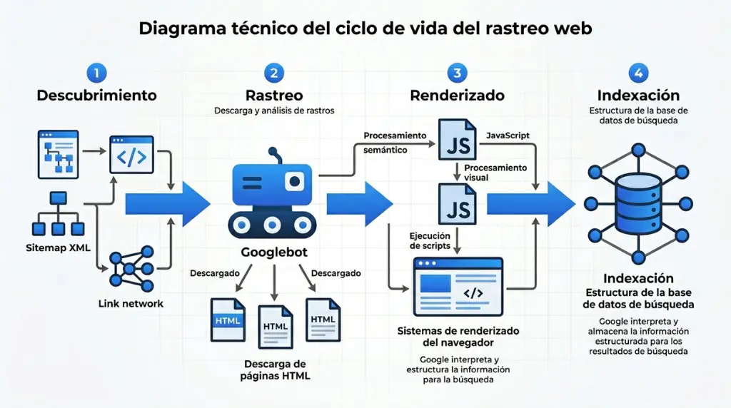 Ciclo de rastreo web en Google Diagrama técnico del ciclo de rastreo web de Google con descubrimiento, rastreo, renderizado e indexación