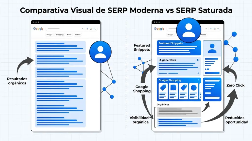 Comparativa de SERP moderna vs saturada Comparativa entre una SERP orgánica tradicional y una SERP moderna saturada con snippets e IA generativa