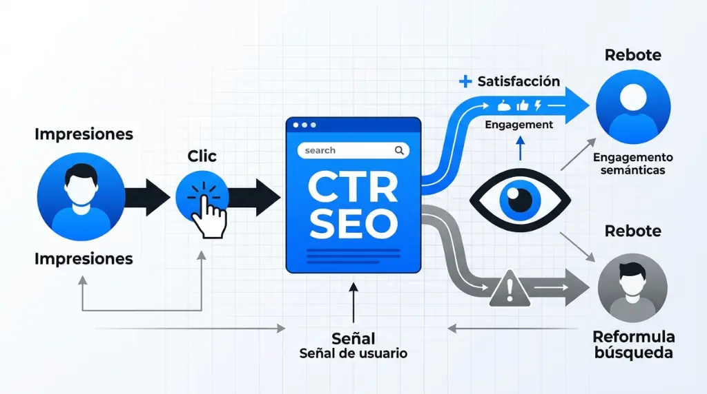 CTR SEO y comportamiento del usuario Diagrama de CTR SEO y señales de usuario relacionadas con engagement, satisfacción y rebote