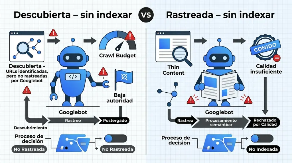 Comparativa entre URLs descubiertas sin indexar y rastreadas sin indexar en Google Search Console