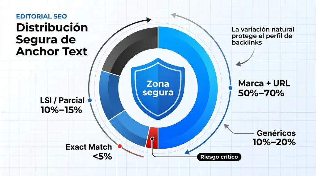 Infografía sobre distribución segura de anchor text en SEO con porcentajes de marca, genéricos y exact match