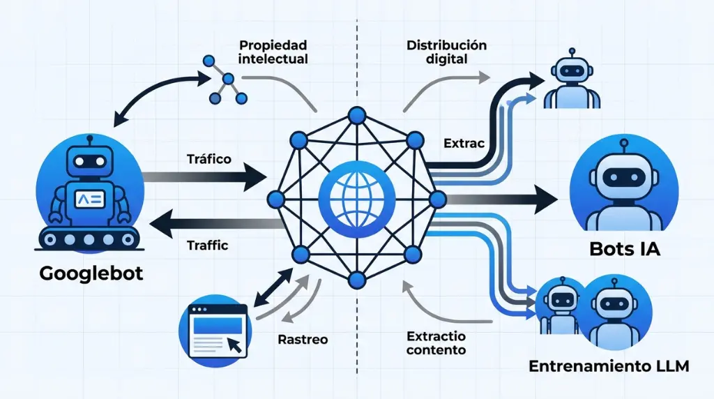 Googlebot y bots IA en la web moderna Diagrama sobre Googlebot, bots de IA y extracción de contenido para entrenamiento de modelos LLM