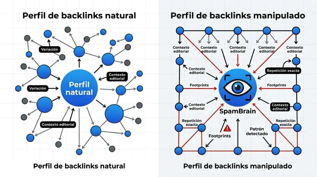 Comparativa entre perfil de backlinks natural y perfil manipulado detectado por SpamBrain de Google